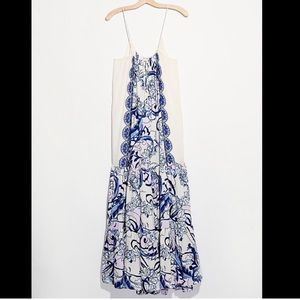 Free People Miles Away Blue Printed Maxi Slip Dress Small